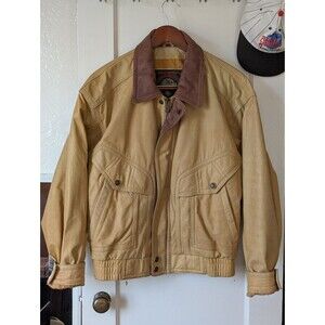 Vintage Tan Leather Jacket with Brown Contrast Collar -- Men's S